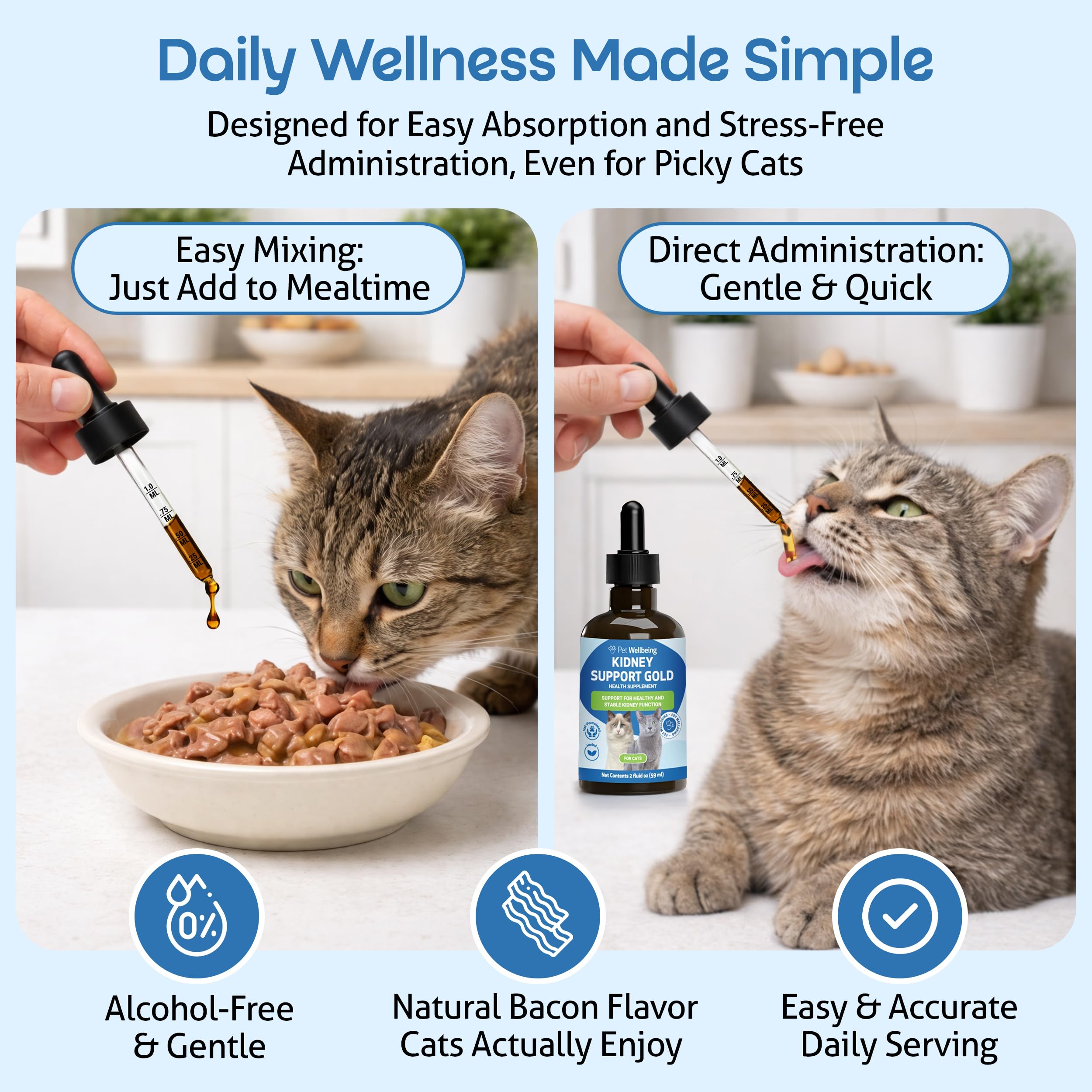 Alcohol-free Pet Wellbeing Kidney Support Gold liquid form for easy absorption.