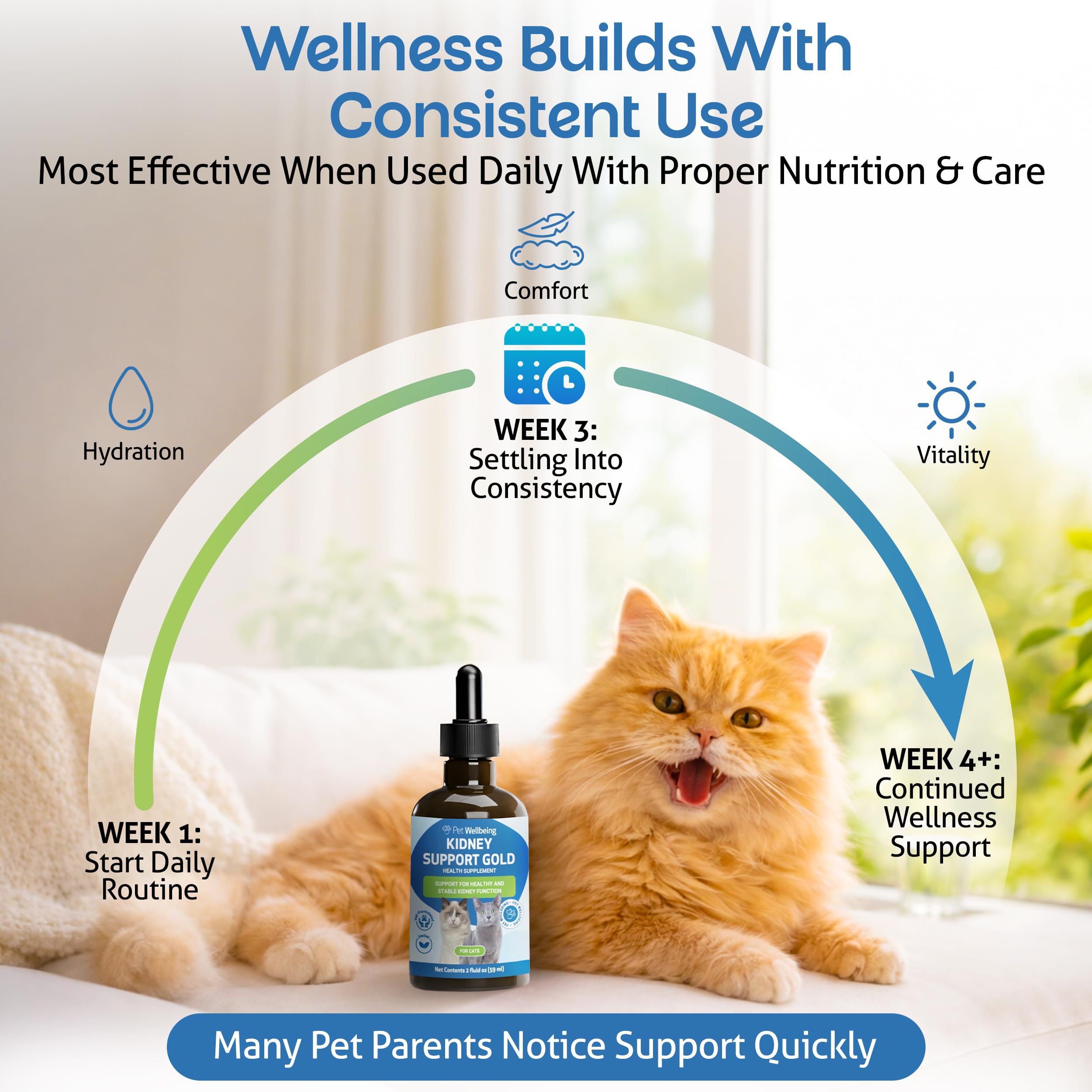 Natural bacon-flavored Pet Wellbeing Kidney Support Gold appeals to picky cats.