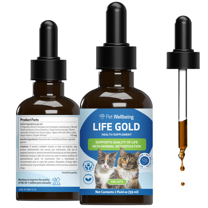 Pet Wellbeing Life Gold cat bottle showing the liquid formula for cats.
