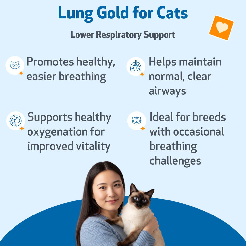 Pet Wellbeing Lung Gold for Cats drops with dropper for precise dosing at home.