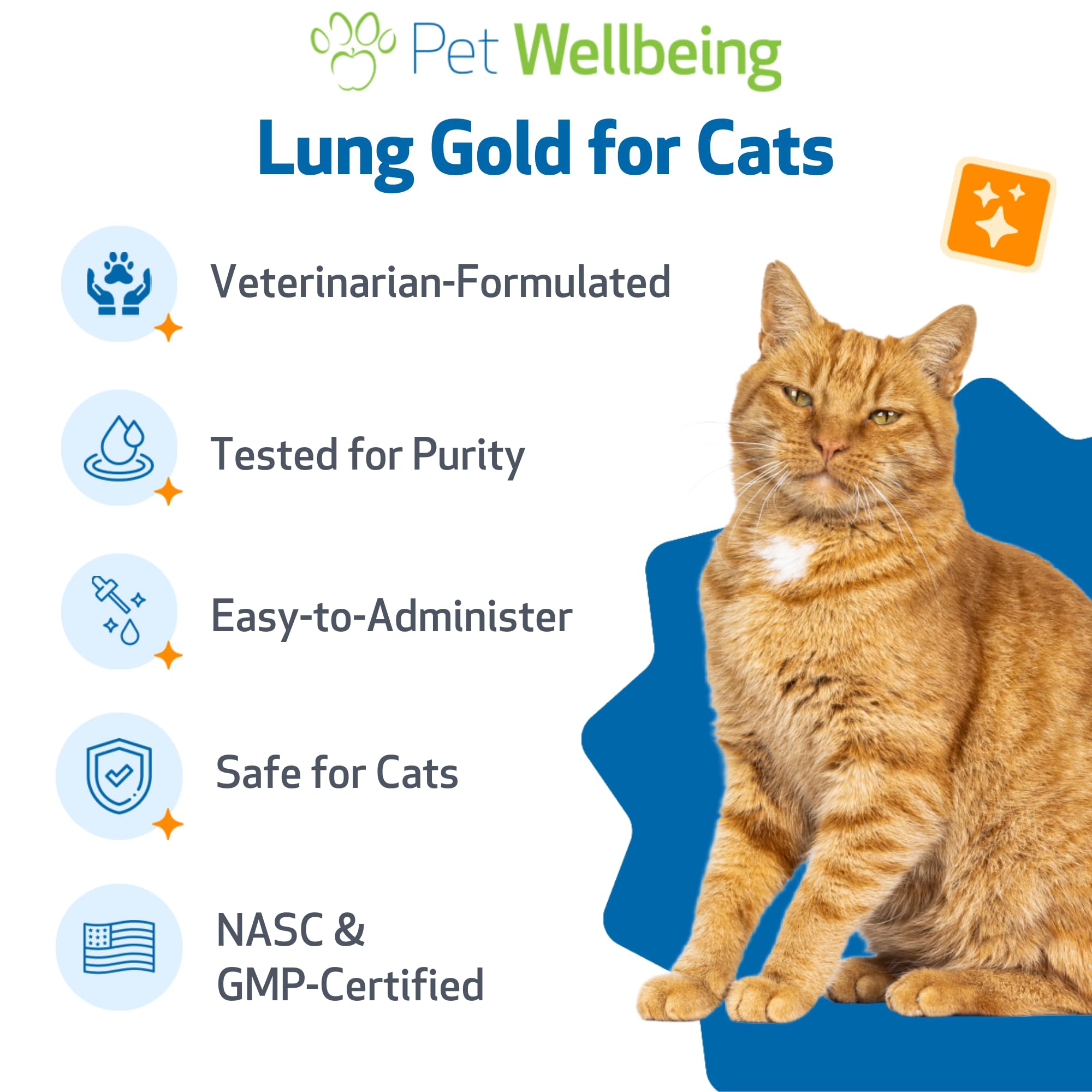 Pet Wellbeing Lung Gold for Cats bacon flavor entices daily dosing for cats.