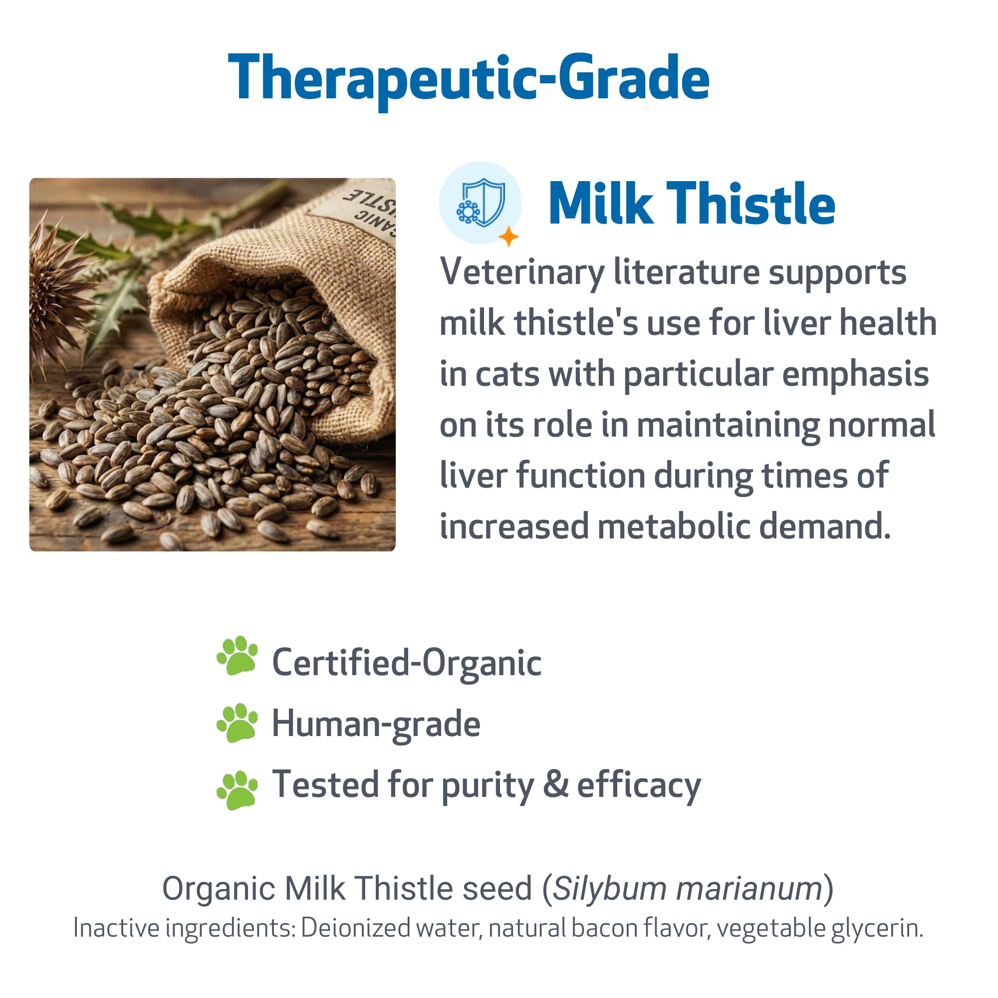 Pet Wellbeing Milk Thistle for Cats dosing spoon and bottle illustrating precise servings