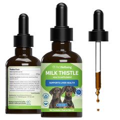 Pet Wellbeing Milk Thistle for Dogs bottle pour promotes easy daily dosing.