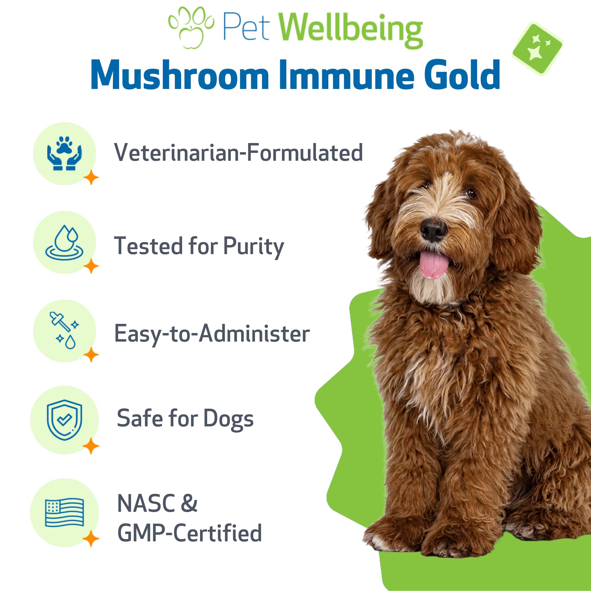 Pet Wellbeing Mushroom Immune Gold close-up of bottle and dropper for hassle-free dosing.