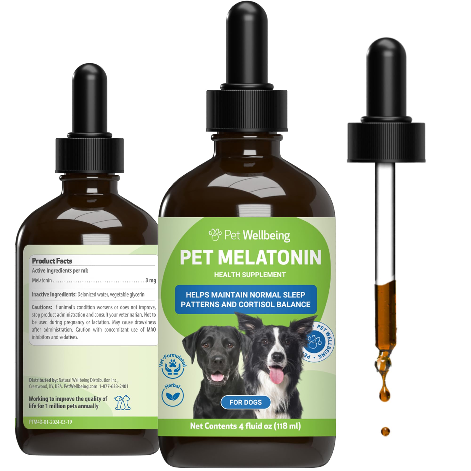 Pet Wellbeing Pet Melatonin bottle – supports calm bedtimes for dogs.