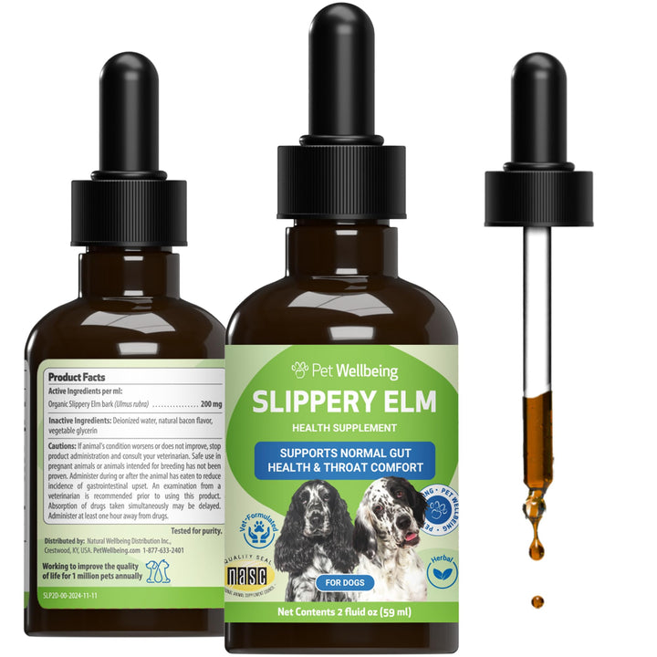 Pet Wellbeing Slippery Elm bottle for dogs showing liquid supplement easy dosing.
