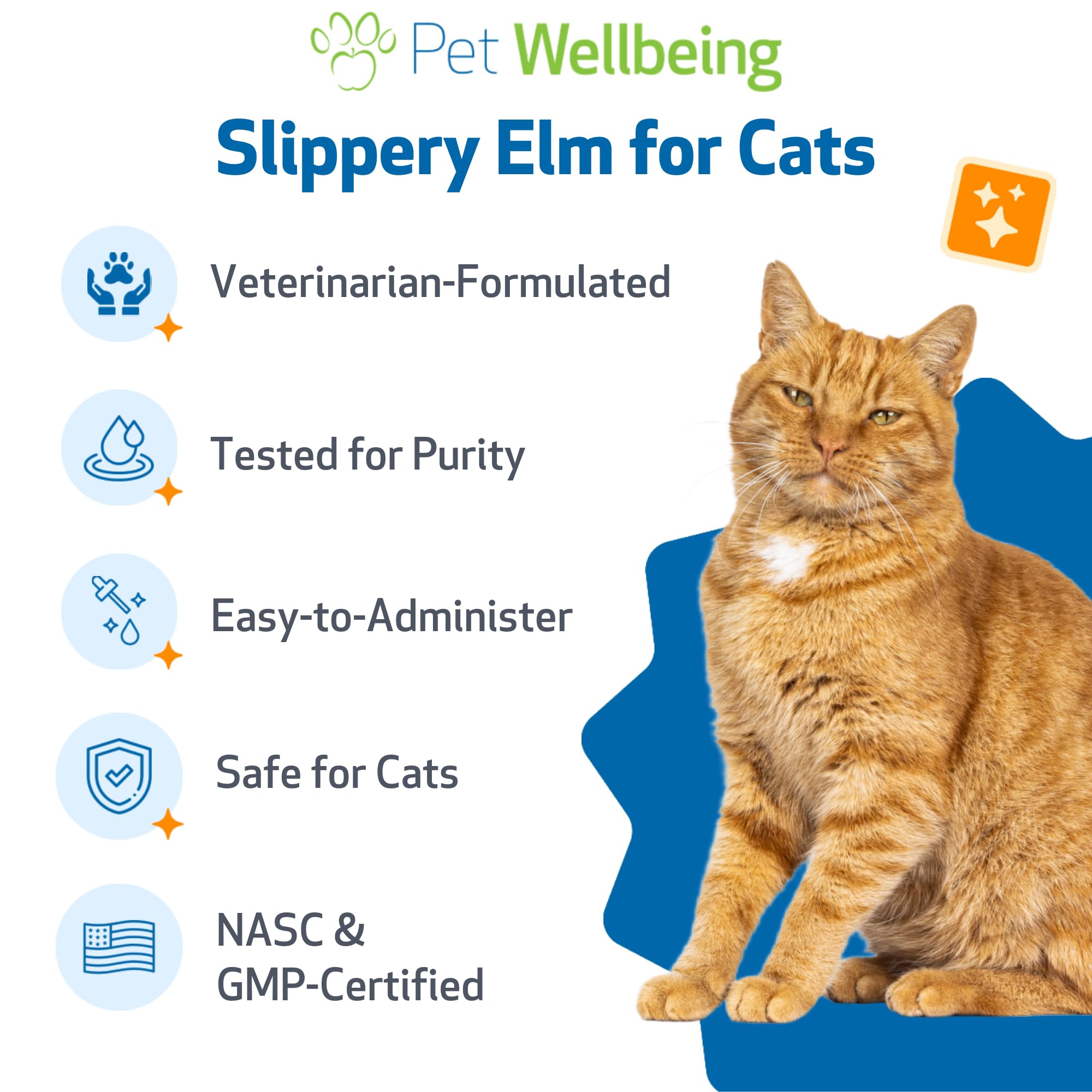 Pet Wellbeing Slippery Elm single herb bottle conveys simple holistic feline care