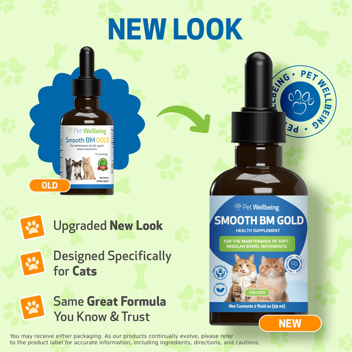 Label on Pet Wellbeing Smooth BM Gold bottle highlighting herbal formula for cats.