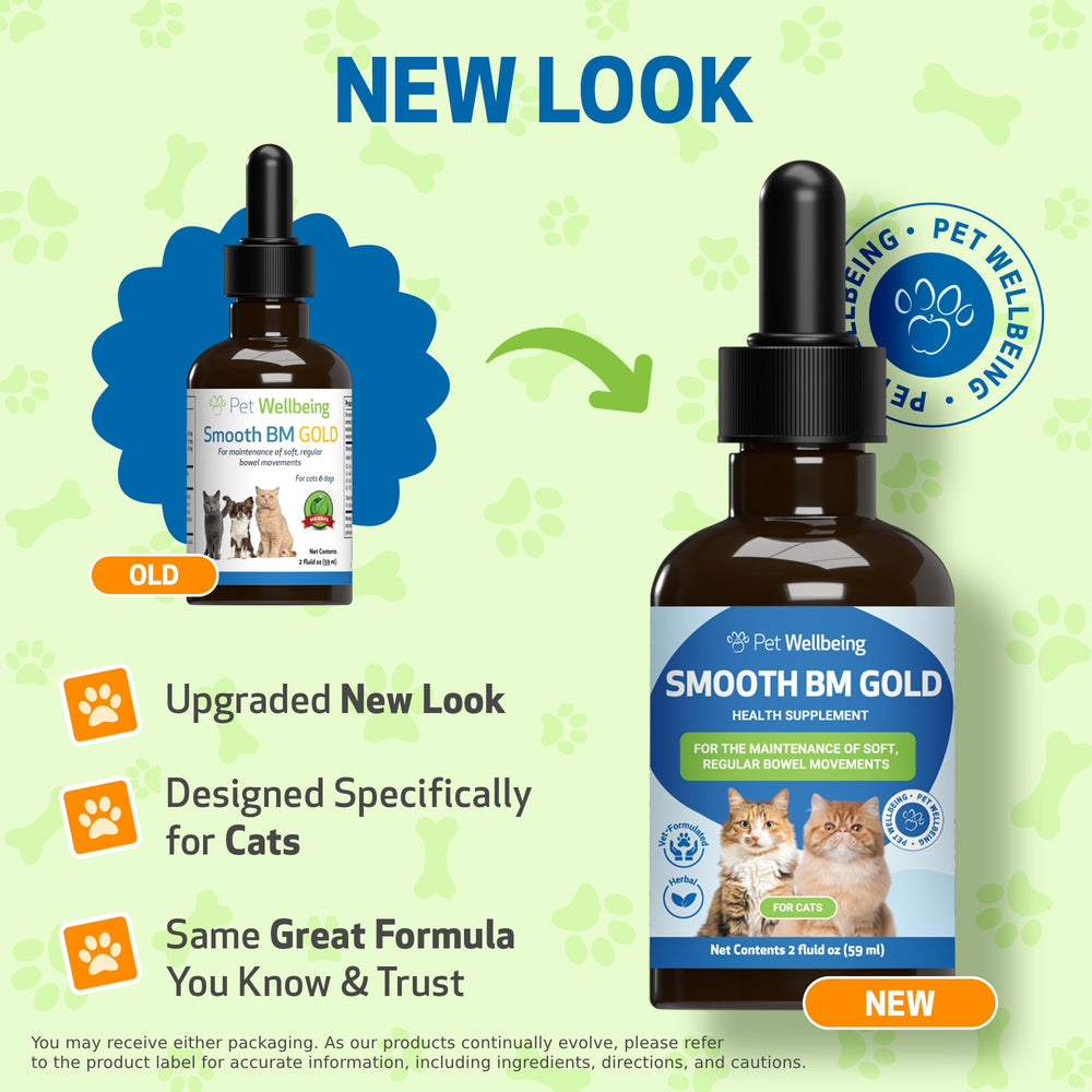 Label on Pet Wellbeing Smooth BM Gold bottle highlighting herbal formula for cats.