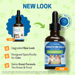 Label on Pet Wellbeing Smooth BM Gold bottle highlighting herbal formula for cats.
