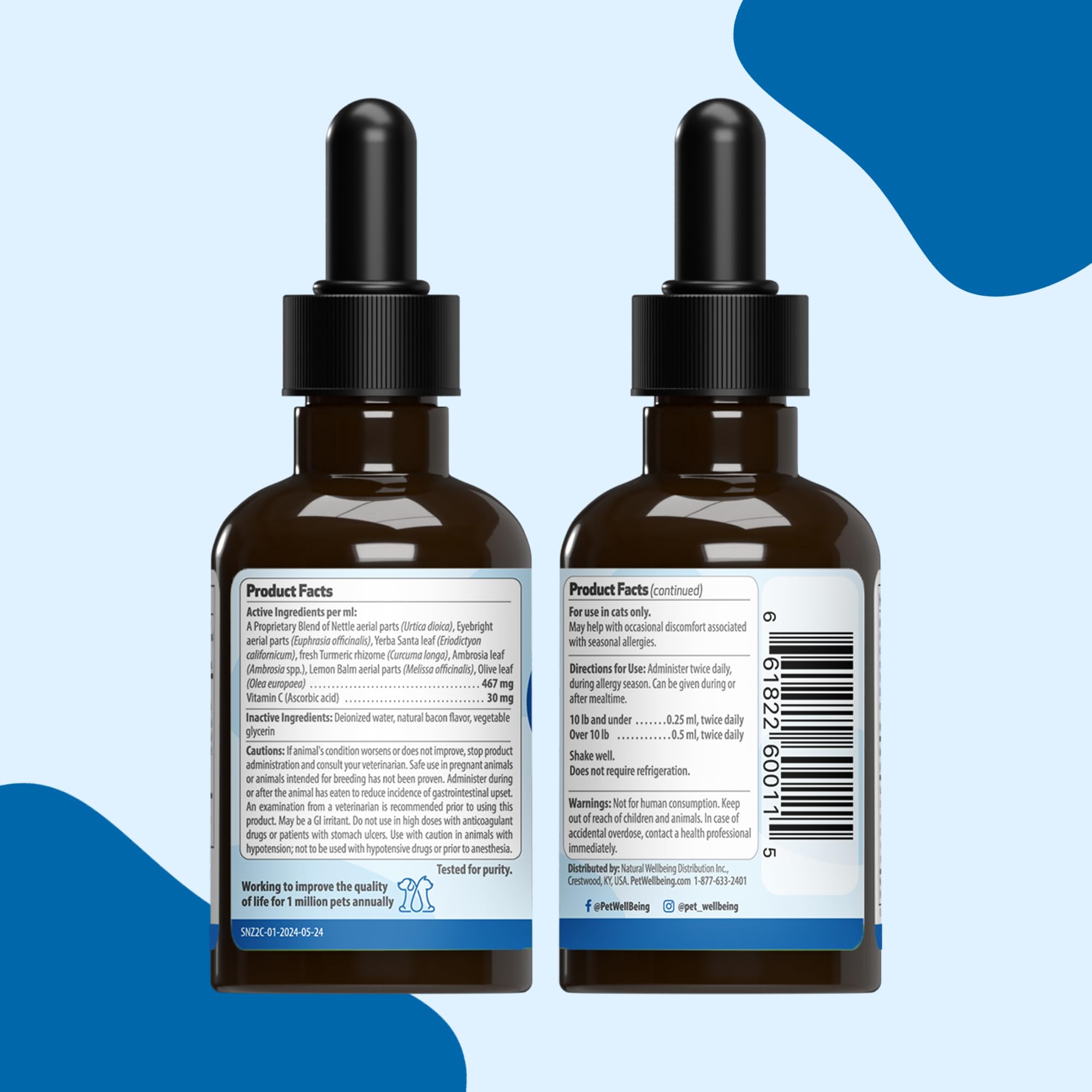 Pet Wellbeing Sneeze Ease ingredient list close-up featuring eyebright and nettles.
