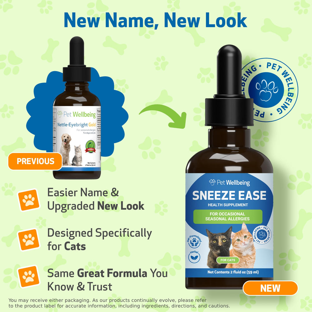 Pet Wellbeing Sneeze Ease label close-up highlighting eyebright and nettles.