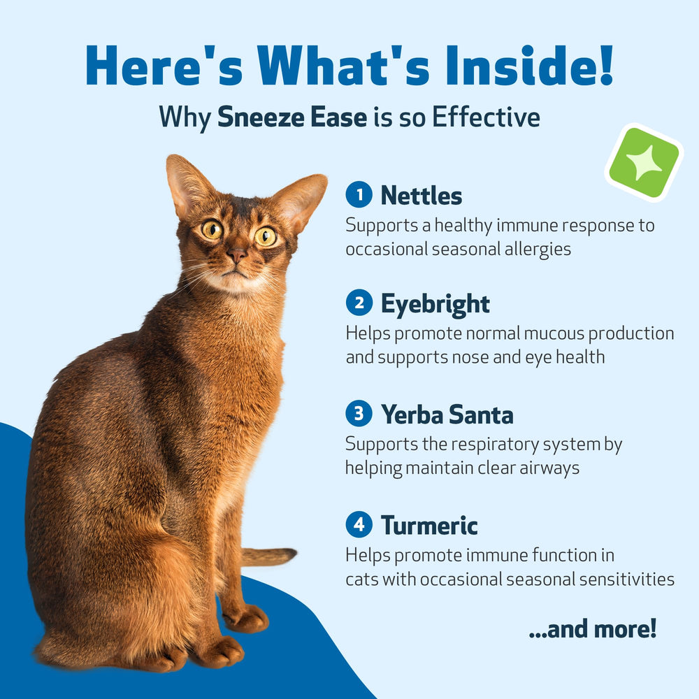 Pet Wellbeing Sneeze Ease packaging highlighting vet-formulated quality.
