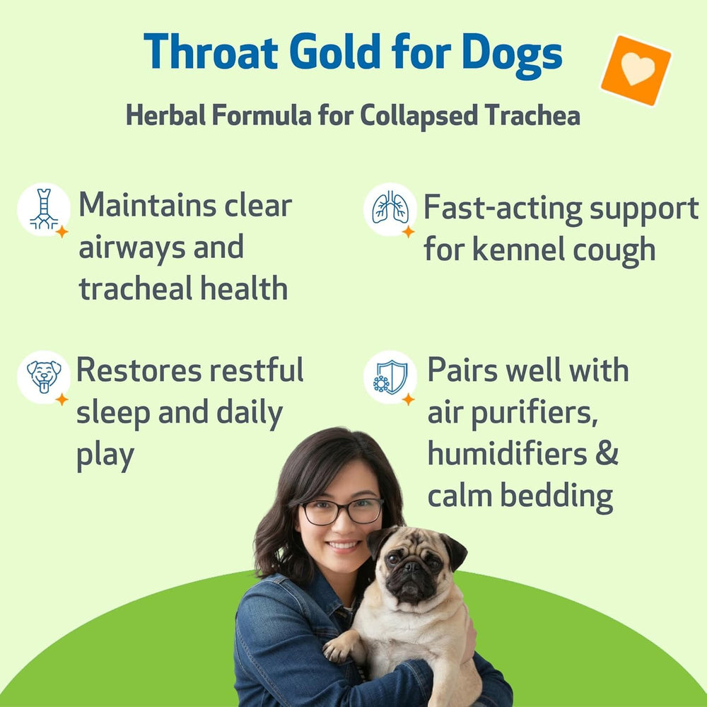 Pet Wellbeing Throat Gold bottle label highlights ingredients for soothing support