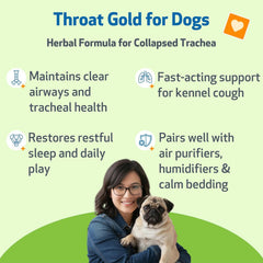 Pet Wellbeing Throat Gold bottle label highlights ingredients for soothing support