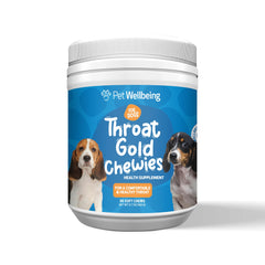 Pet Wellbeing Throat Gold Chewies bottle pour for easy, on the go throat support.
