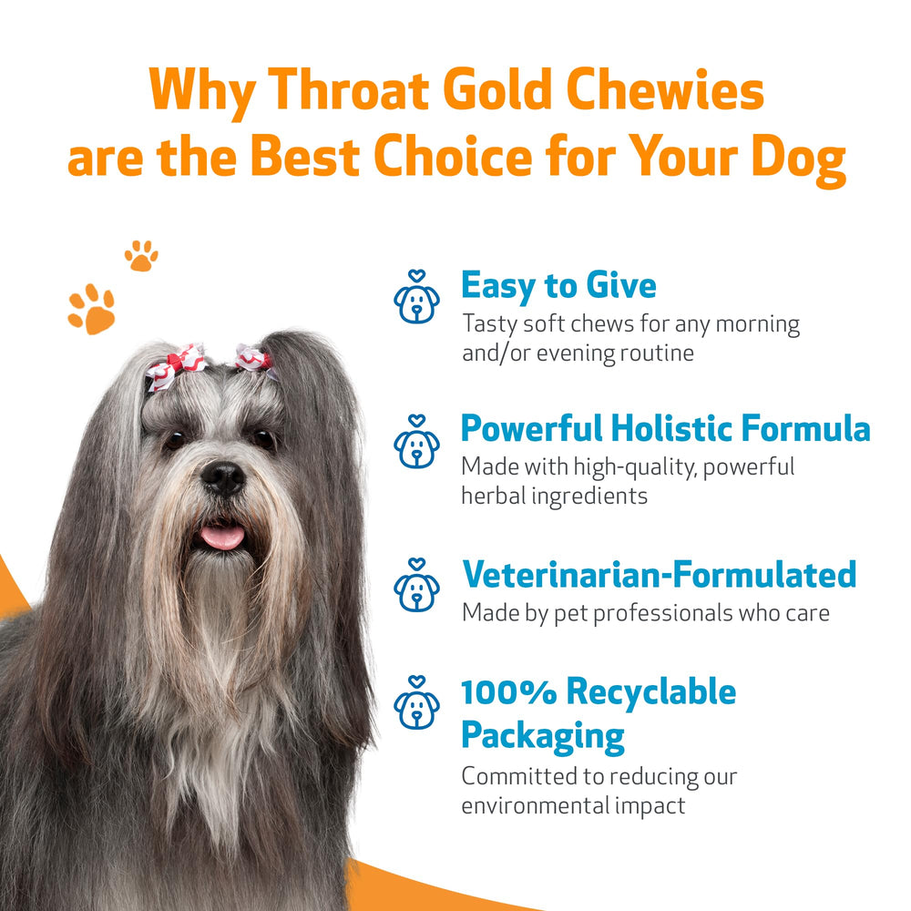 Pet Wellbeing Throat Gold Chewies made in USA facility badge.