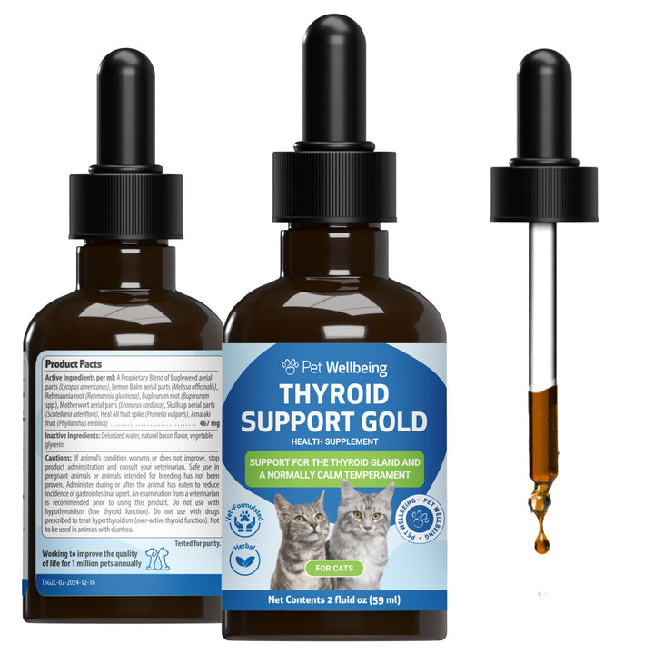 Pet Wellbeing Thyroid Support Gold bottle label showcases vet-formulated balance for cats.