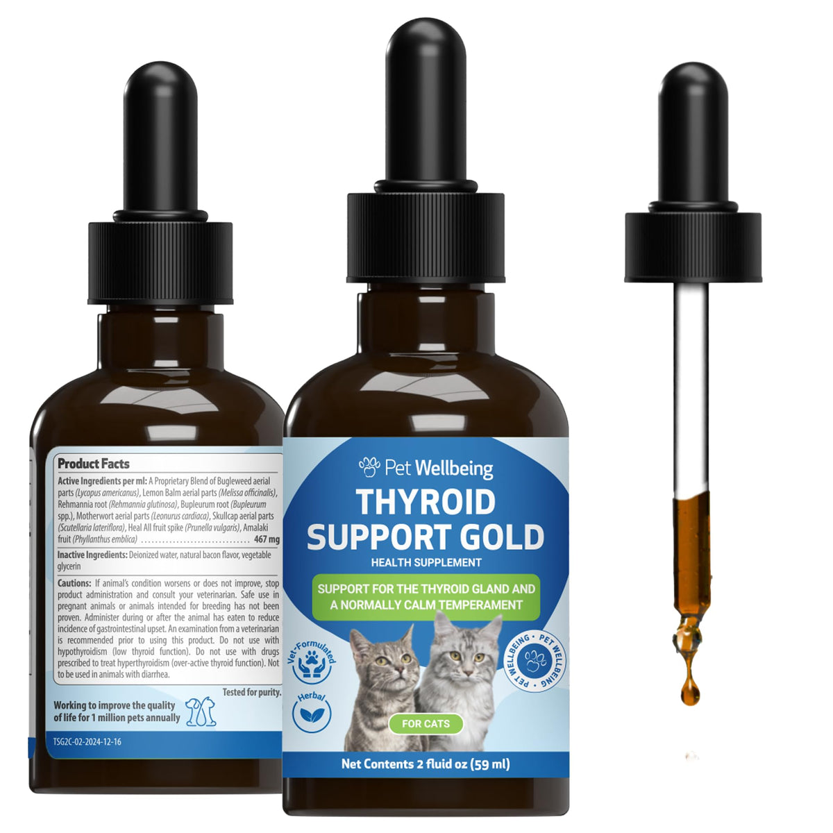 Pet Wellbeing Thyroid Support Gold bottle label showcases vet-formulated balance for cats.