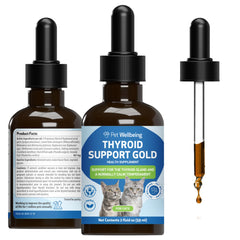 Pet Wellbeing Thyroid Support Gold bottle label showcases vet-formulated balance for cats.