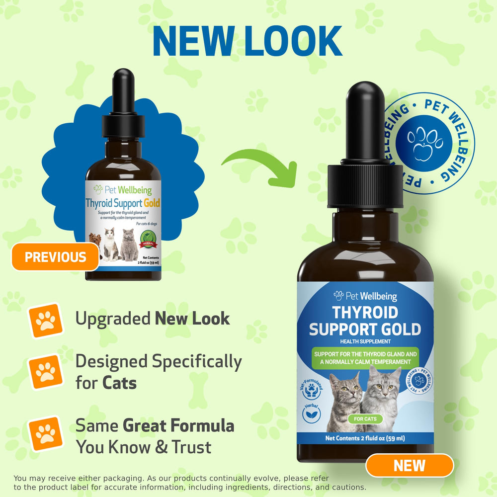 Pet Wellbeing Thyroid Support Gold bottle pour demonstrates easy-to-administer liquid for felines.