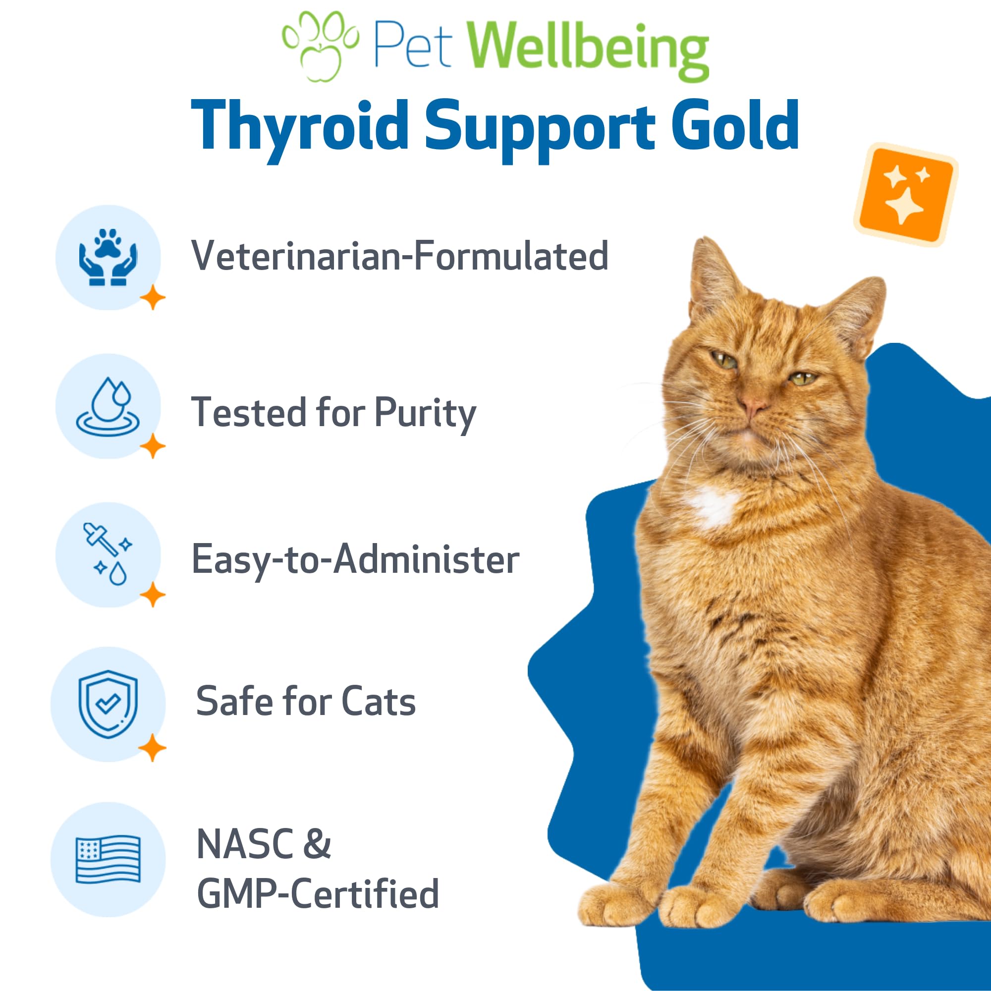 Pet Wellbeing Thyroid Support Gold ingredients display emphasizes bugleweed and lemon balm.