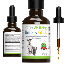 Pet Wellbeing Urinary Gold bottle for dogs with easy dosing for urinary support.
