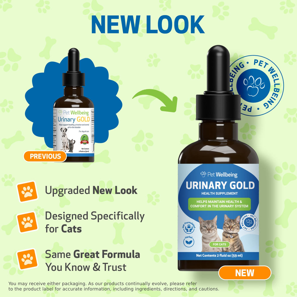 Pet Wellbeing Urinary Gold ingredients spread highlighting herb blend for feline bladder wellness.