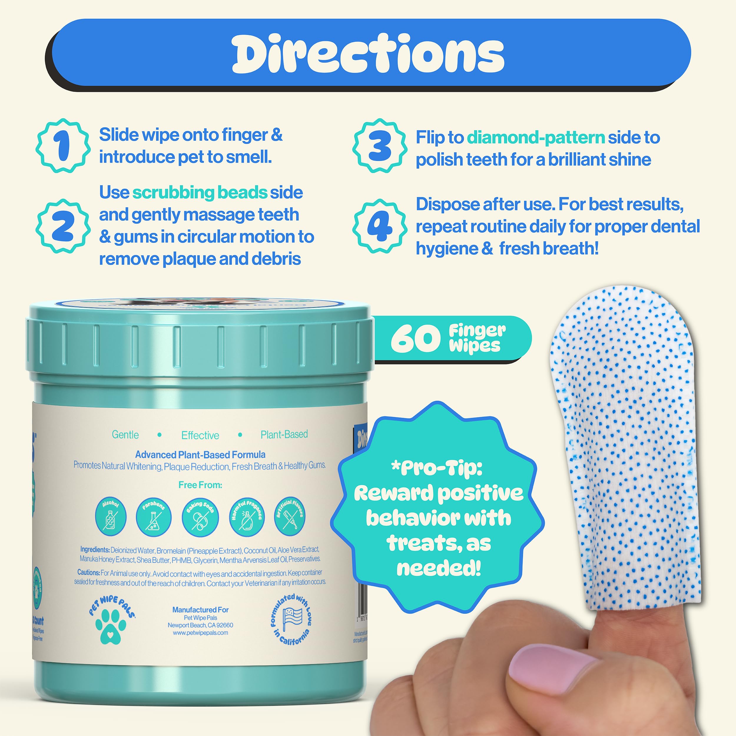 Pet Wipe Pals sixty disposable wipes ready for two months of brushing.