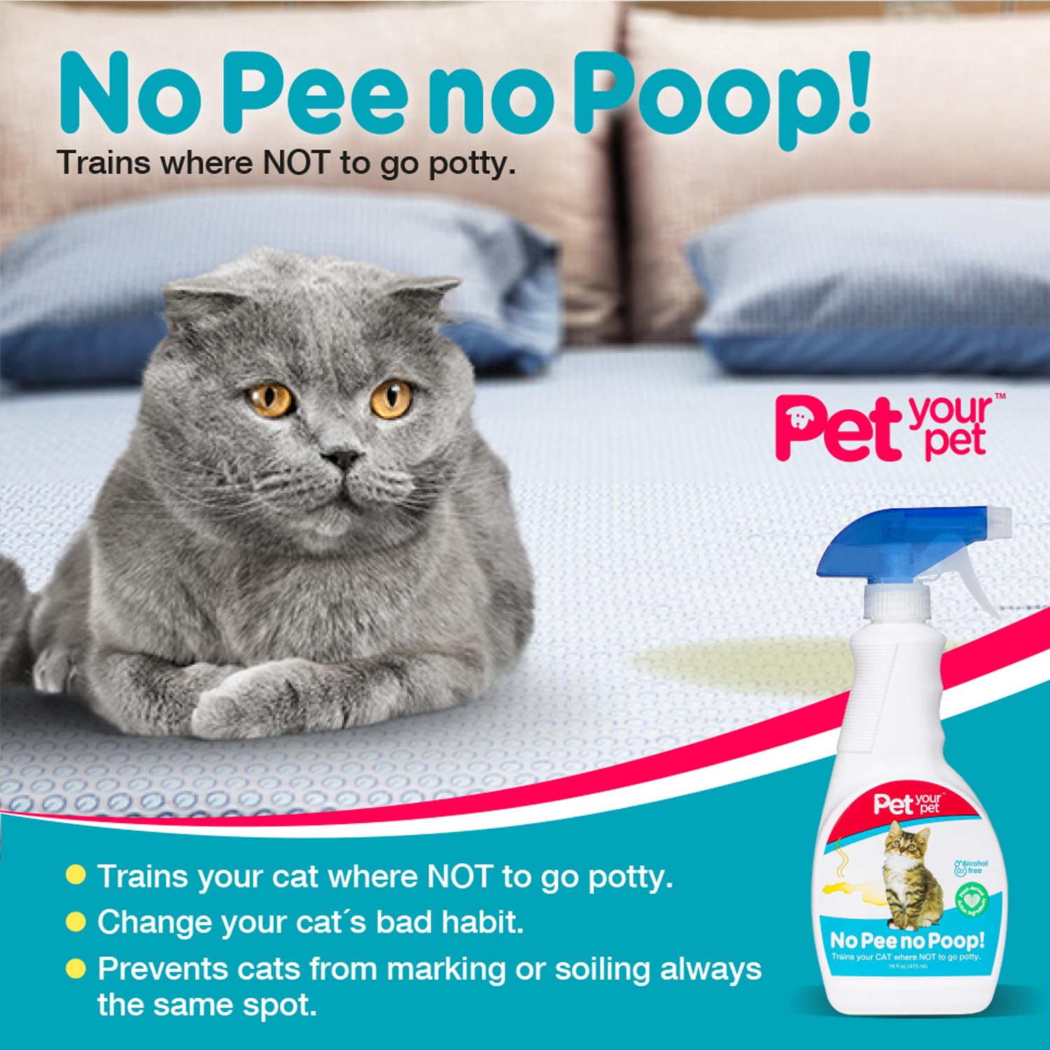 16oz PET YOUR PET Cat Potty Spray bottle shown for home use