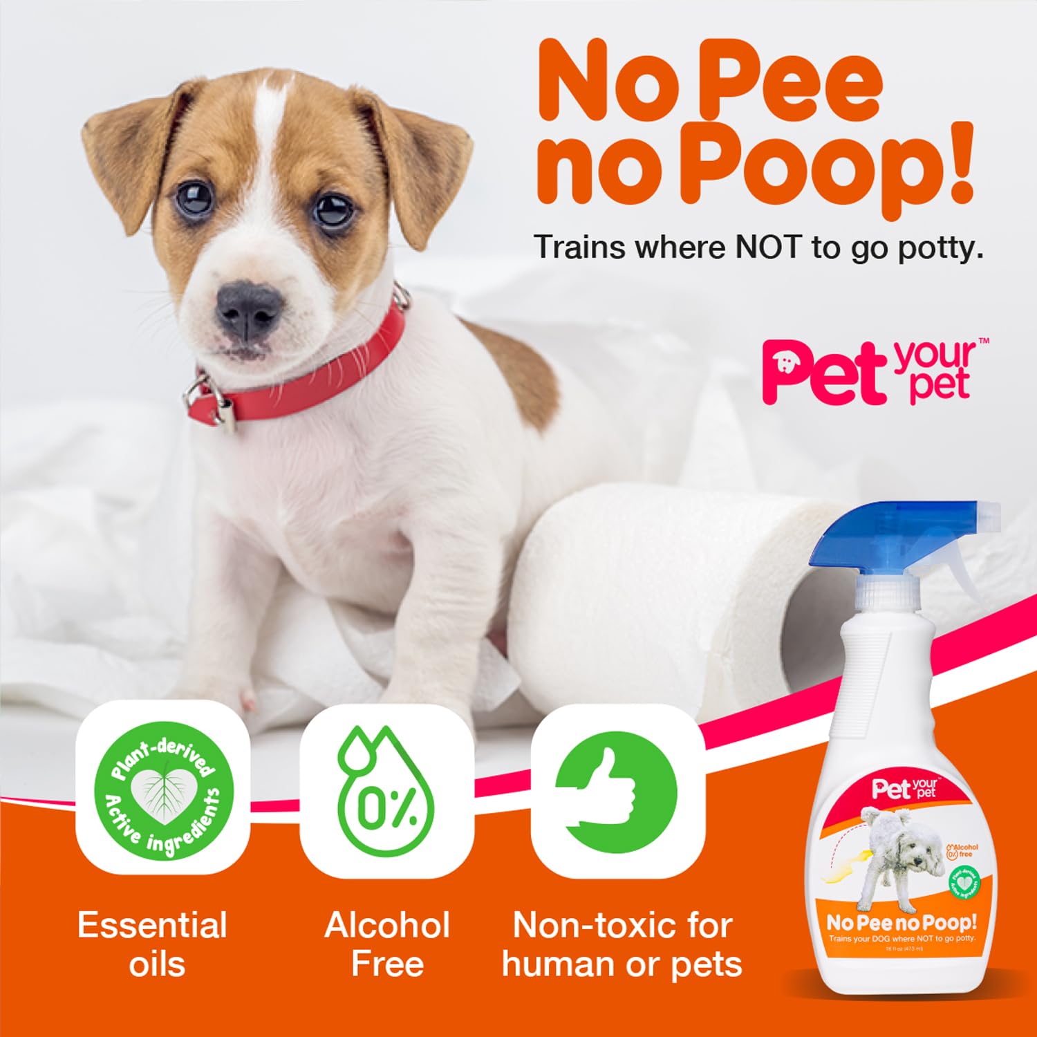 PET YOUR PET spray directions illustrating practical use steps