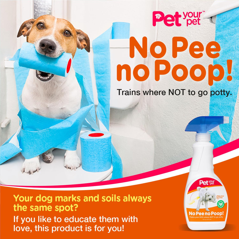 PET YOUR PET No Pee No Poop spray shown for indoor outdoor use