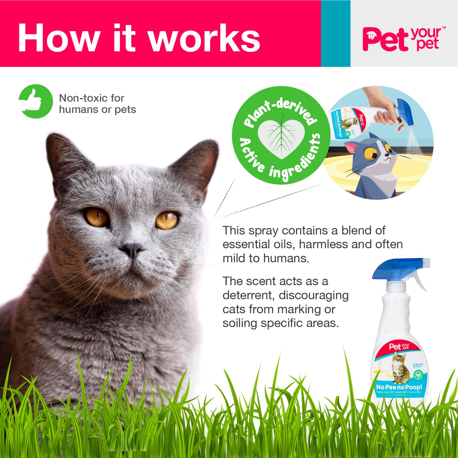Indoor outdoor use of PET YOUR PET Cat Potty Spray in living space and garden