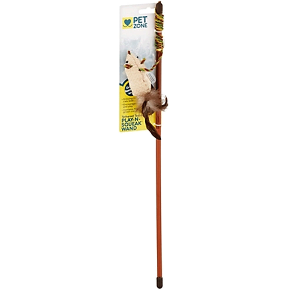 Pet Zone Play-N-Squeak Tether Teaser Wand with lifelike mouse for engaging indoor play.