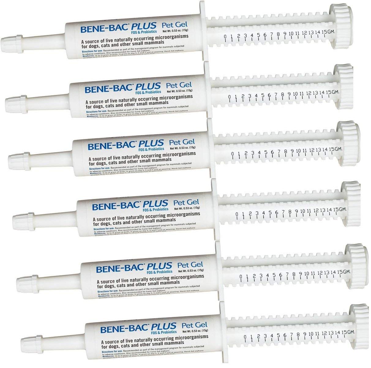 PetAg Bene-Bac Plus Gel 6-pack front view with dial-a-dose for convenient probiotic delivery.