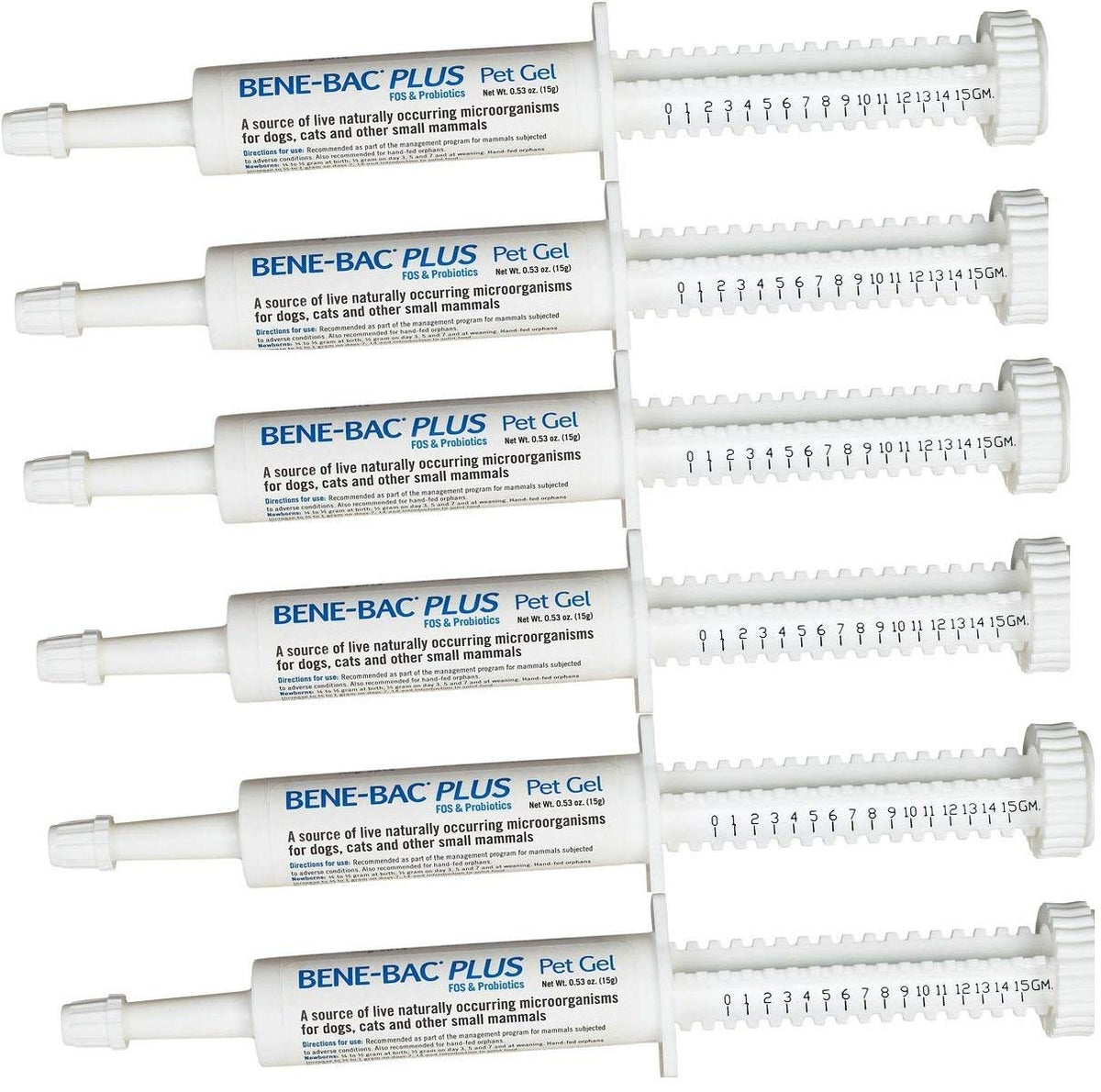 PetAg Bene-Bac Plus Gel 6-pack front view with dial-a-dose for convenient probiotic delivery.