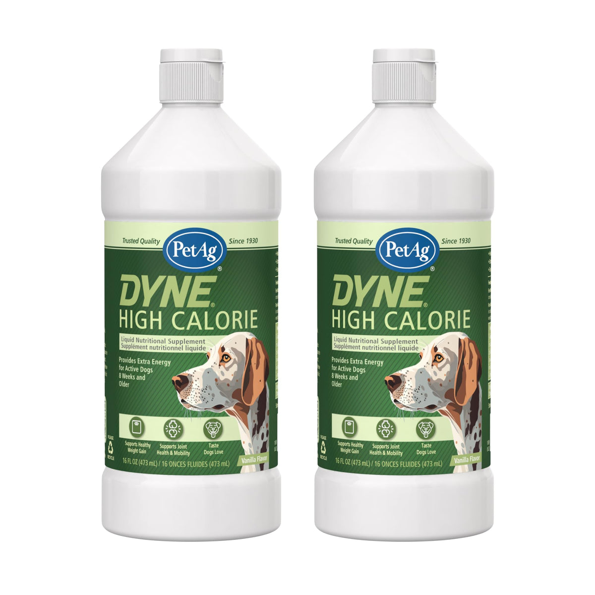 PetAg Dyne bottle being poured over dog food to boost energy during meals.