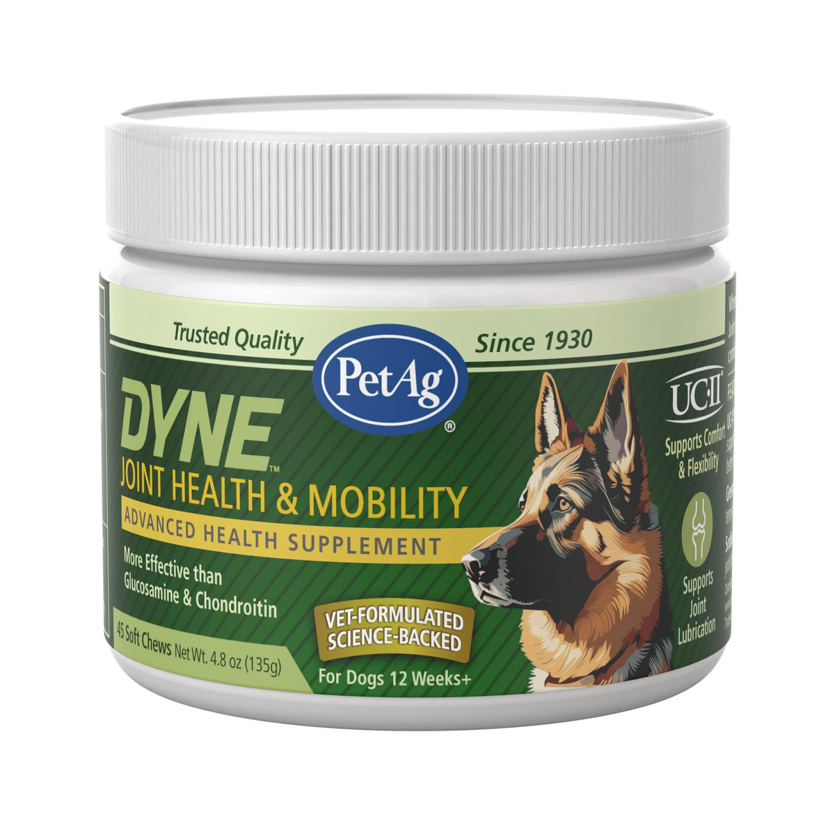PetAg Dyne Soft Chews bottle front showing packaging for joint support.