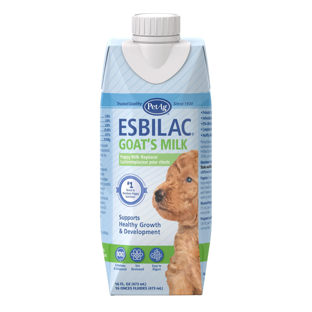 PetAg Esbilac Goat’s Milk Liquid bottle pour for easy newborn puppy feeding.