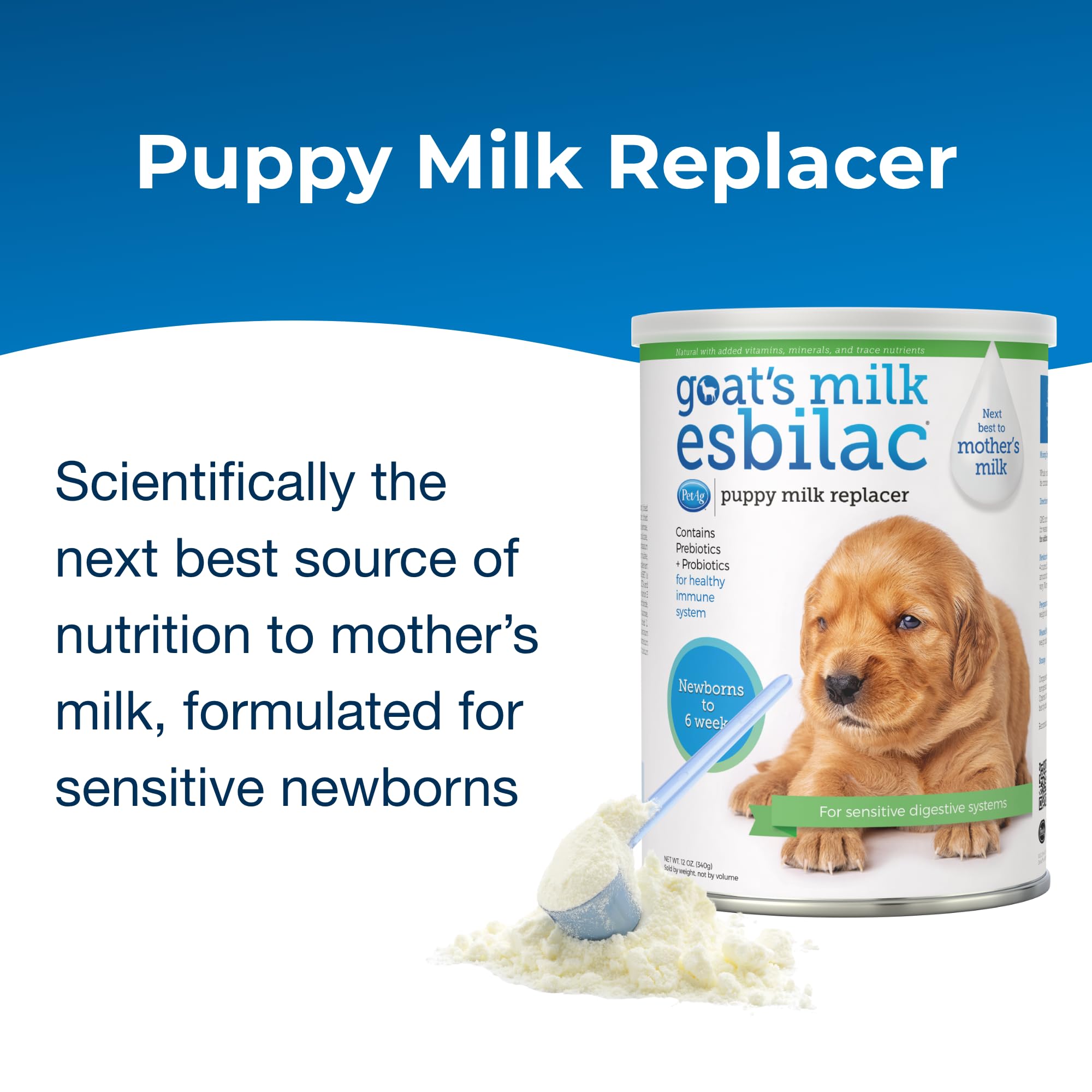PetAg Esbilac powder with scoop ready to mix for puppies.