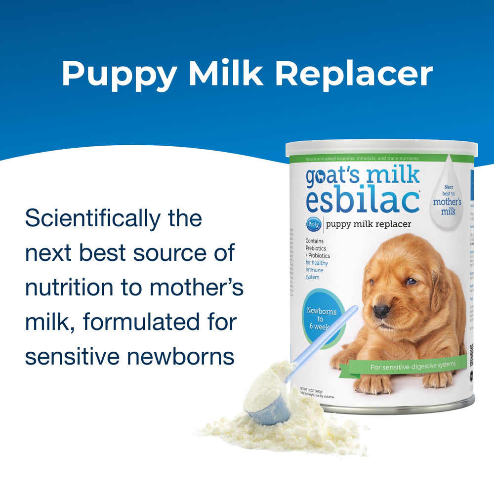 PetAg Esbilac powder with scoop ready to mix for puppies.