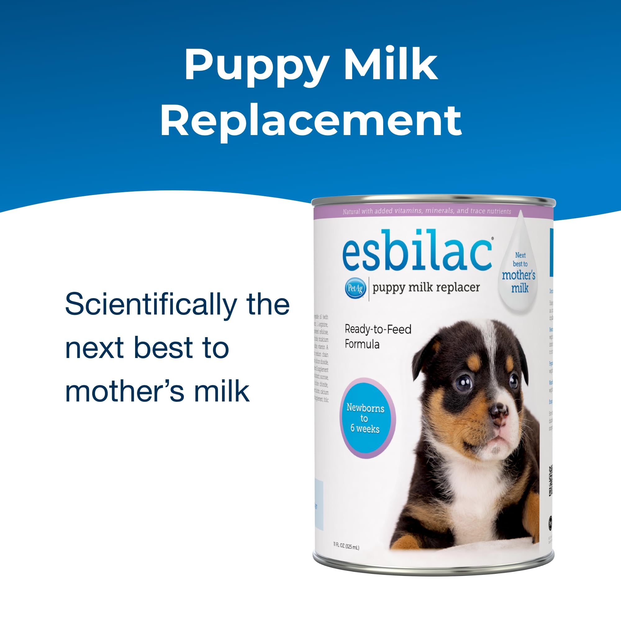 Close-up of PetAg Esbilac label highlighting vitamins for puppies.