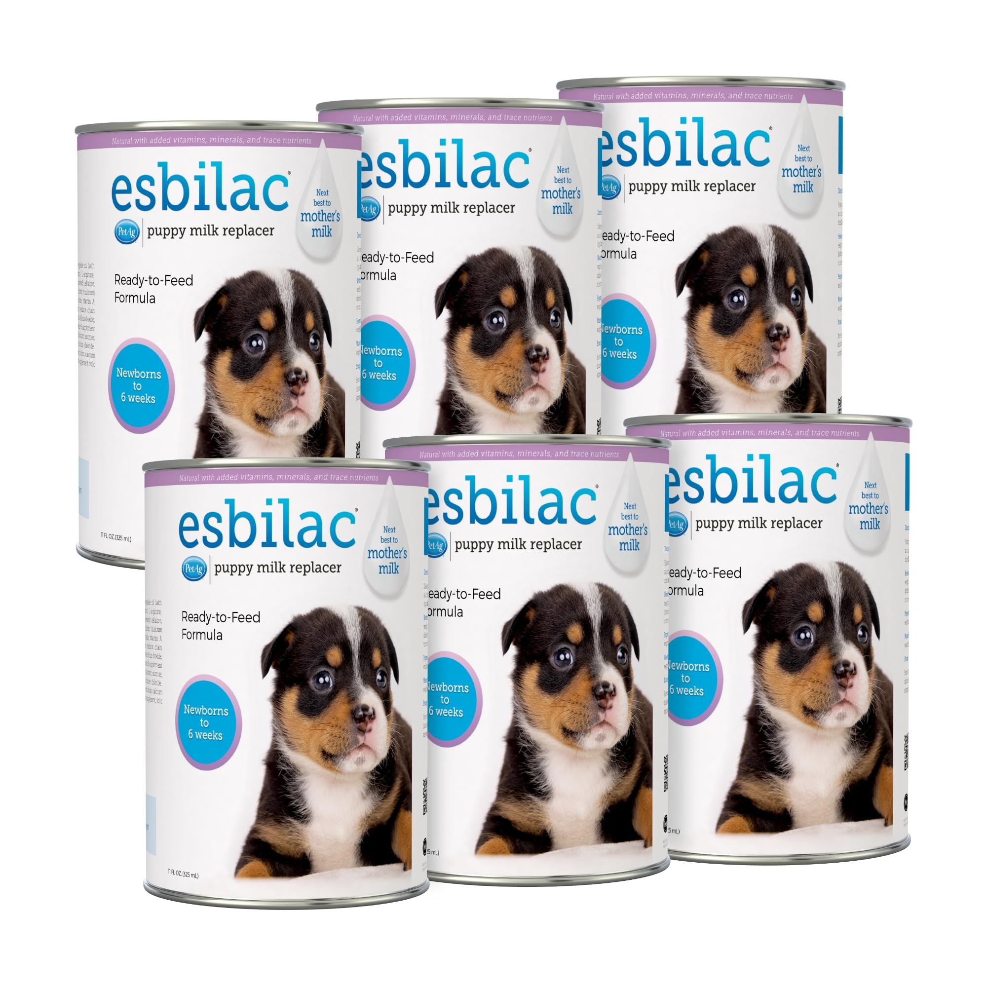 PetAg Esbilac six-pack bottles, ready-to-feed puppy milk replacer for newborns.