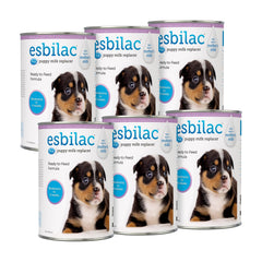 PetAg Esbilac six-pack bottles, ready-to-feed puppy milk replacer for newborns.