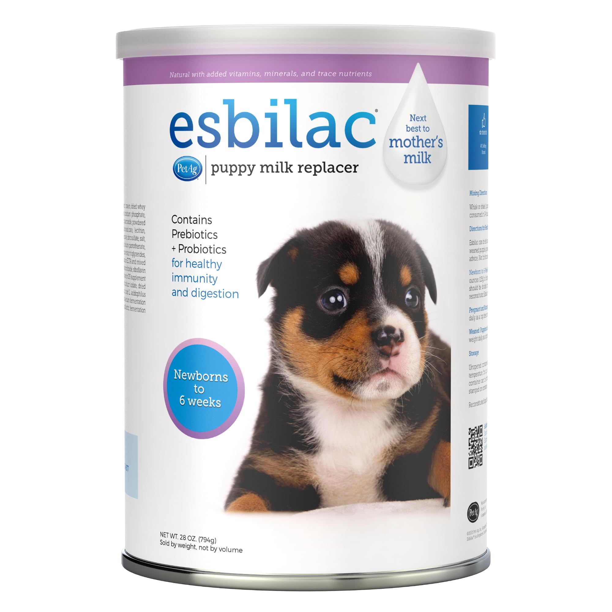 PetAg Esbilac puppy milk replacer powder can, easy-to-mix formula.