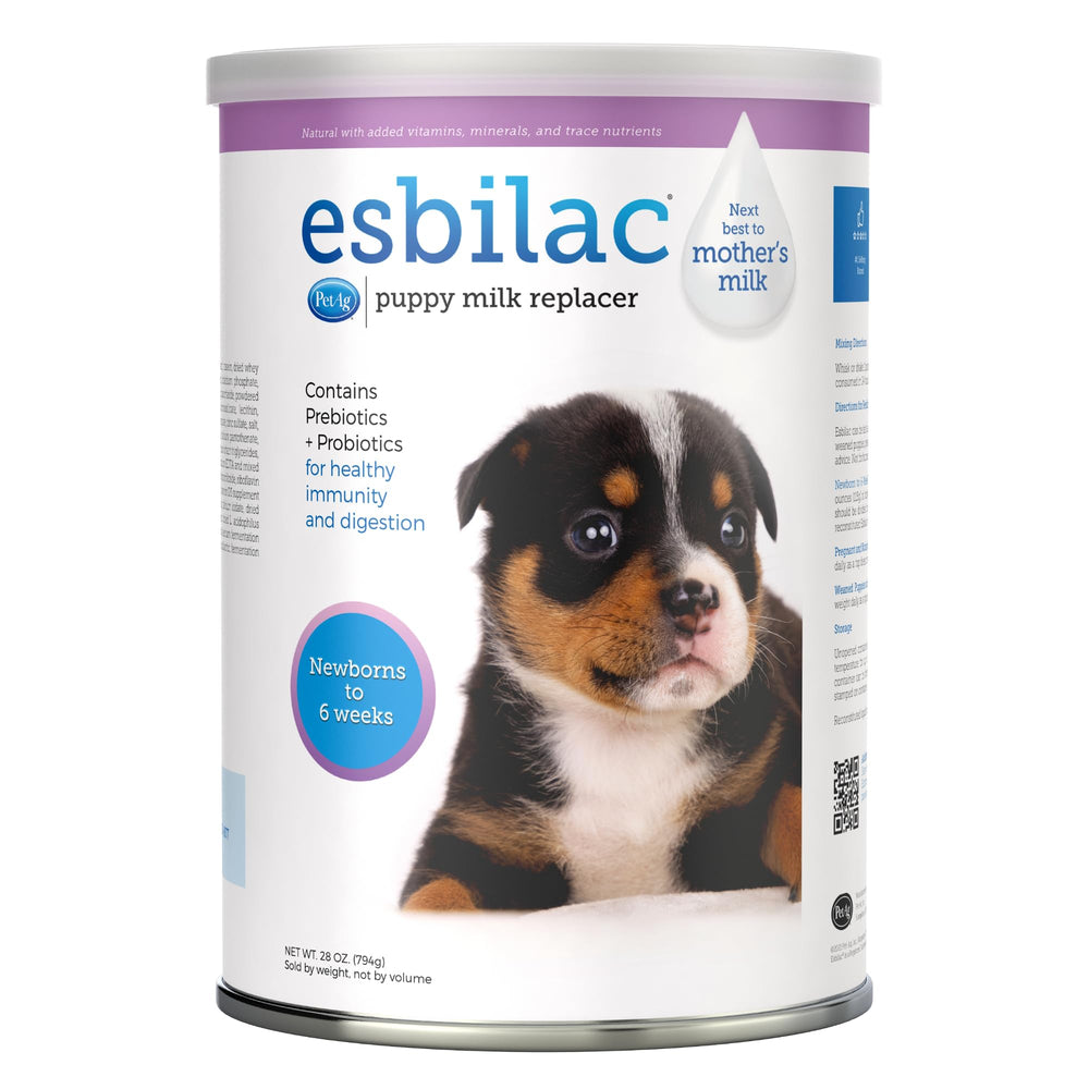PetAg Esbilac puppy milk replacer powder can, easy-to-mix formula.