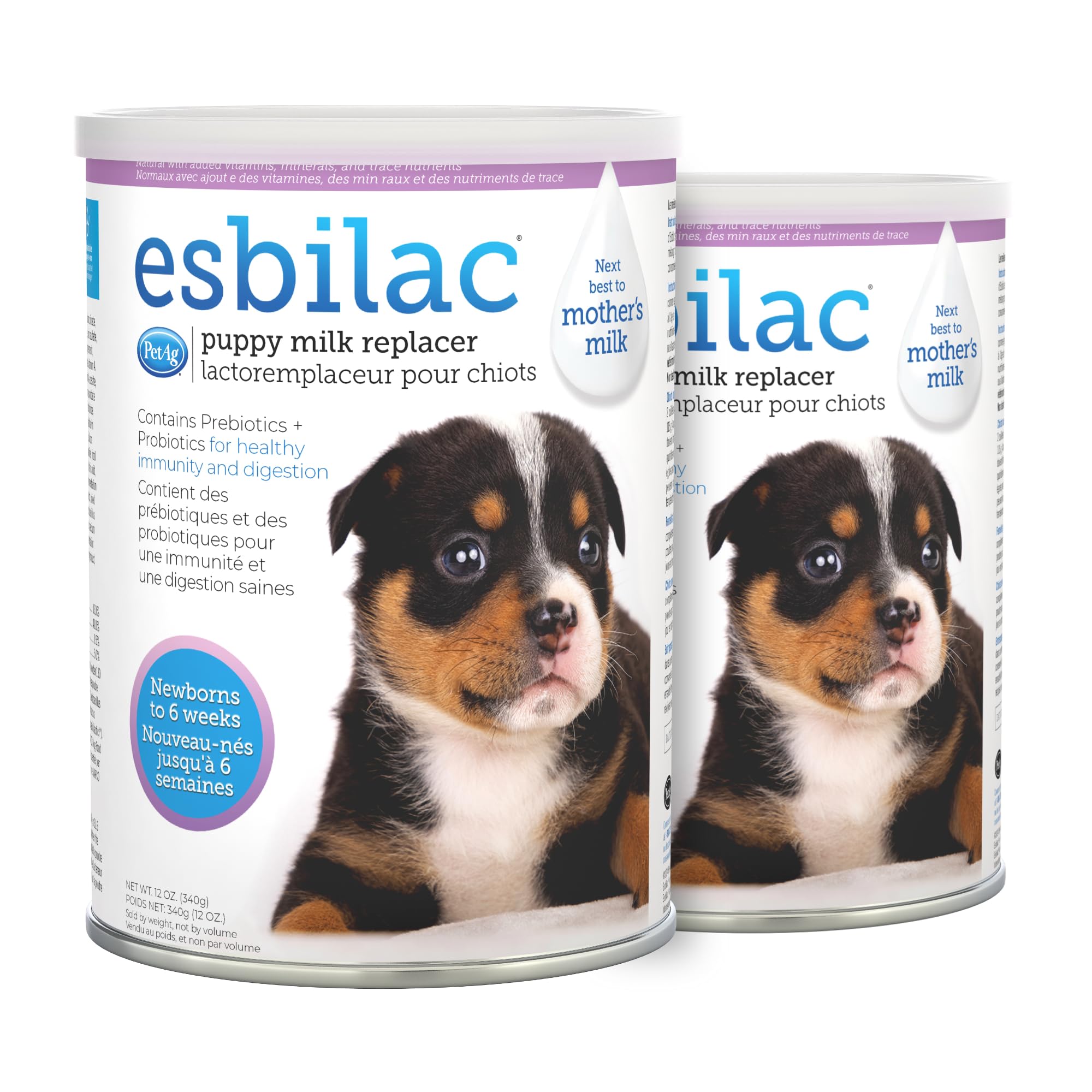 PetAg Esbilac puppy milk replacer powder jar provides balanced nutrition for newborn puppies.