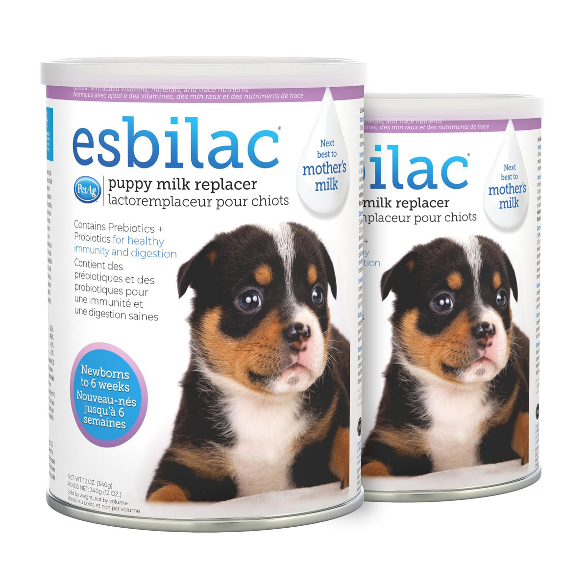 PetAg Esbilac puppy milk replacer powder jar provides balanced nutrition for newborn puppies.