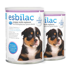 PetAg Esbilac puppy milk replacer powder jar provides balanced nutrition for newborn puppies.