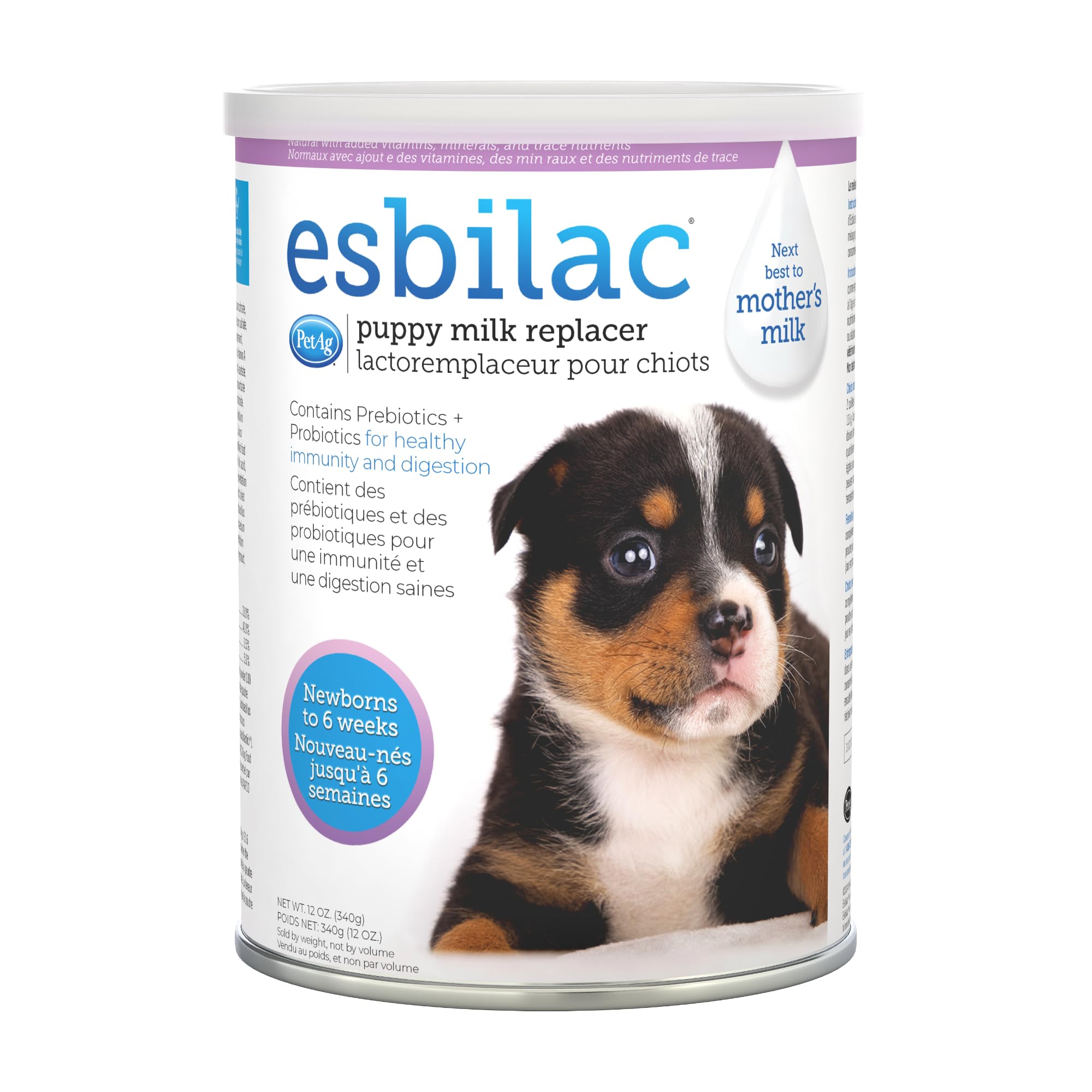 PetAg Esbilac puppy milk replacer tub front view for newborn nutrition